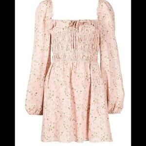 Reformation Dress Morris Smocked Melody Print Pink Floral Long Sleeve Mini Sz 14